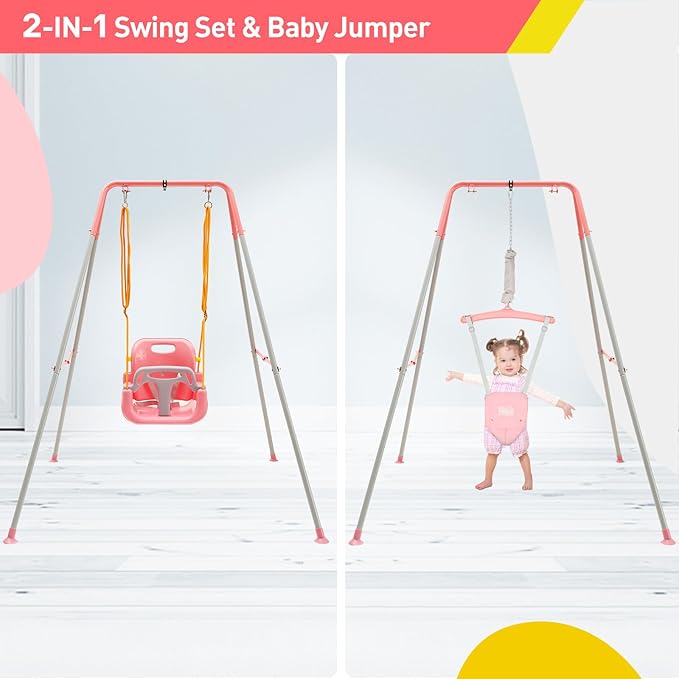FUNLIO 2 in 1 Swing Set for Toddler & Baby Jumper, Heavy Duty Kids Swing & Bouncer with 4 Sandbags, Foldable Metal Stand for Indoor/Outdoor Play, Easy to Assemble and Store - Pink