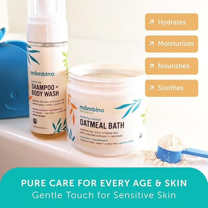 Mambino Organics Soothing Bath Set, Organic Oatmeal Bath Soak, Soothe Me Shampoo & Body Wash, and Calming Oil, Gentle for Sensitive Skin, Vegan, Baby Bath Essentials, 3-Pack, 5.5 oz Each