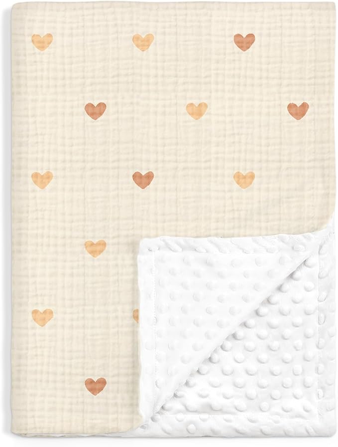 Heart Baby Blankets for Girls, Soft Nursery Minky Blankets with Muslin and Dotted Fleece Back 30x40 inches, Receiving Bed Quilt for Newborn, Infants, Toddlers