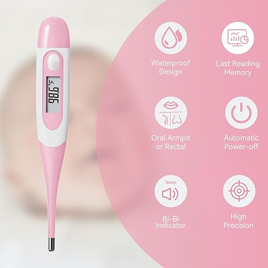 Clinical Digital Thermometer for Adults and Babies, Oral Armpit and Rectal Temperature Thermometer for Fever with Alarm, Flexible Tip