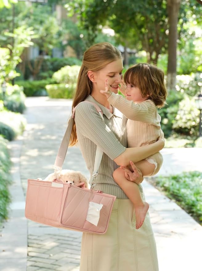 Diaper Caddy Organizer for Baby Essentials – Soft Blush Pink Storage Basket with Compartments, Shoulder Strap & Stroller Hooks – All-in-One Multifunctional Diaper Storage Tote for Nursery & Car
