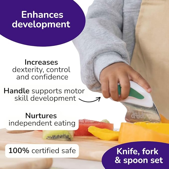 doddl Toddler Utensils, Ergonomic Fork Spoon and Knife Set for Self Feeding, Stainless Steel Silverware for 1-3 Year Olds, BPA Free, Dishwasher Safe (Aqua)
