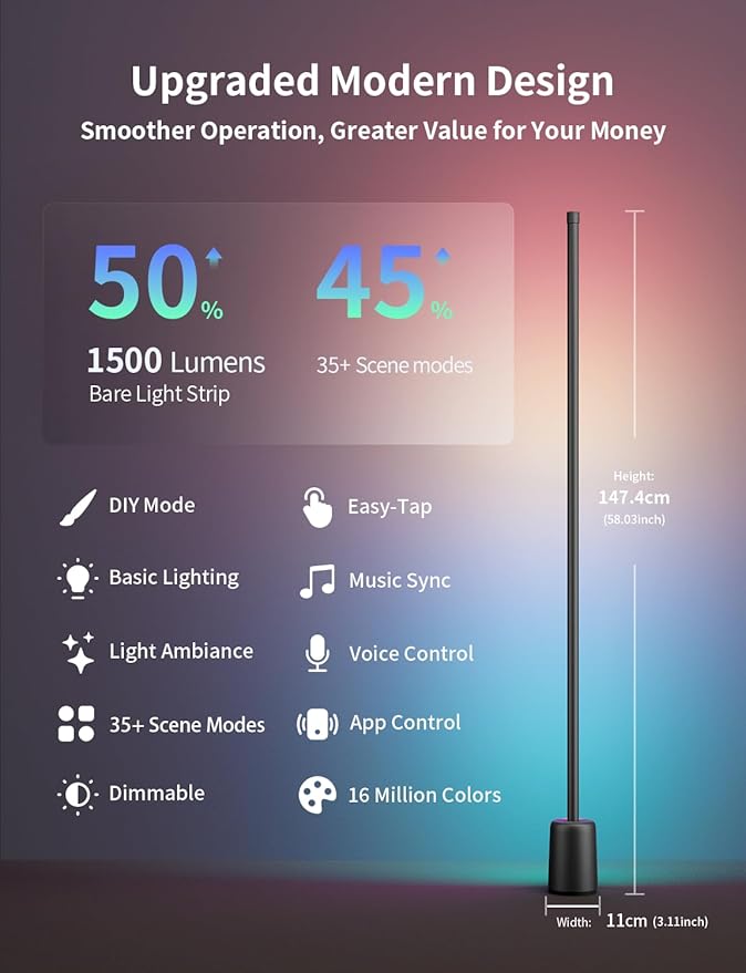 Ailofy Corner Floor Lamp, 1500lm RGBW Corner Lamp Work with Alexa & Google Assistant, 16 Million DIY Colors, Sync with Music, App Control, Modern LED Floor Lamp for Living Room & Bedroom, Black