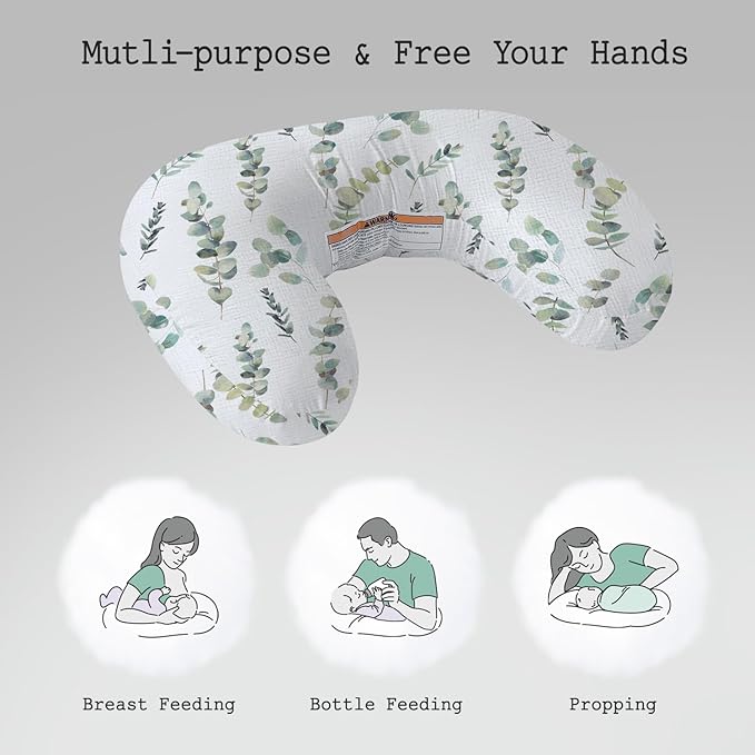 Little Grape Land Nursing Pillow, Soft 100% Cotton Breastfeeding Pillow with Breathable Muslin Removable Cover, Green Leaves Breast Feeding Pillows for Babies 0-12 Months with Protective Zipper