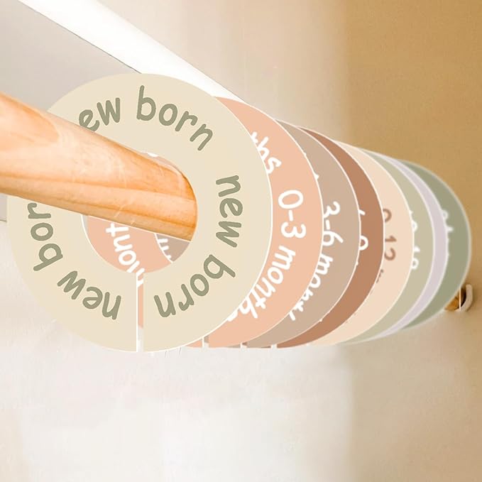 Baby Closet Dividers for Clothes – Earth Tone Round Baby Clothes Dividers for Closet Rod, Nursery Closet Organizer & Decor, Clear Labels for Easy Sorting, Fits Most Rods