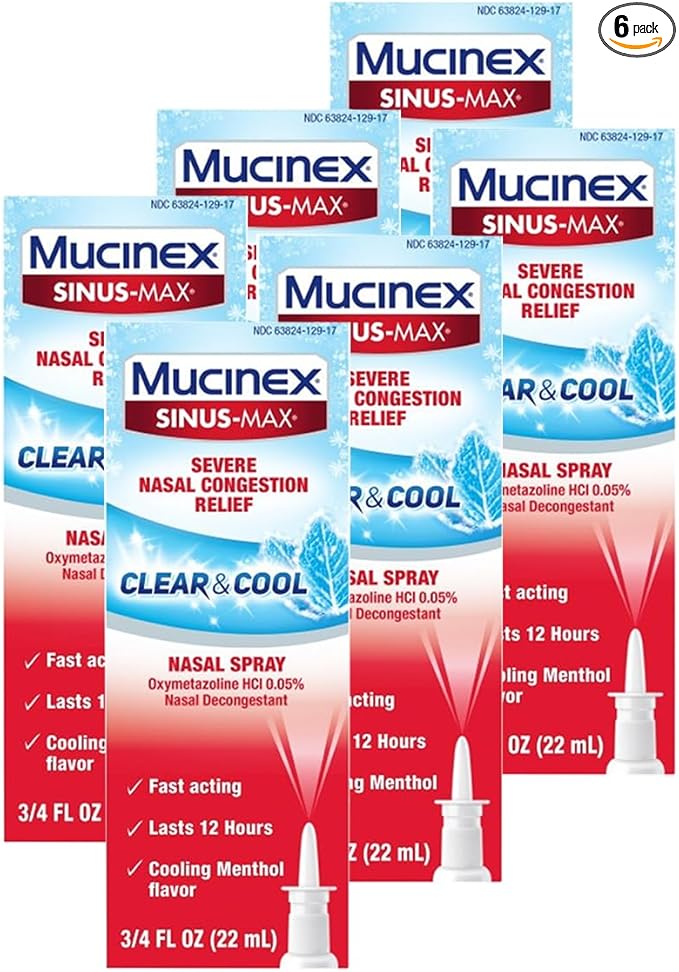 Mucinex Nasal Decongestant Spray, Sinus-Max Severe Nasal Congestion Relief Clear & Cool Nasal Spray, Lasts 12 Hours, Fast Acting, Cooling Menthol Flavor, Packaging May Vary, 0.75 Fl Oz (Pack of 6