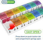 EZY DOSE Weekly (7-Day) Pill Case, Medicine Planner, Vitamin Organizer, 2 Times a Day AM/PM, Removeabale Trays, Large Push Button Compartments, Easy to Use, Arthritis Friendly, Rainbow Lids, BPA Free