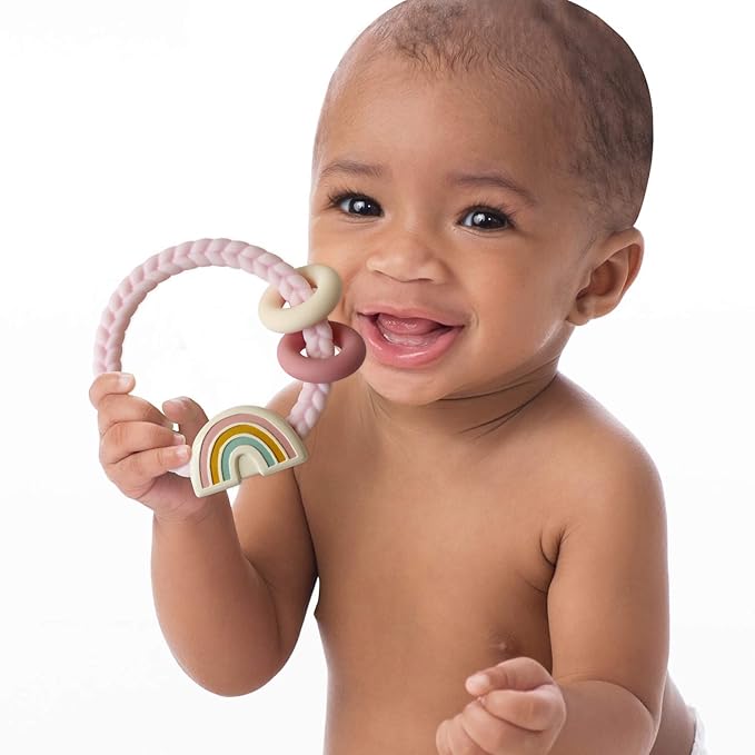 Itzy Ritzy Silicone Teether with Rattle; Rattle Teether Features Rattling Sound, Two Silicone Teething Rings and Raised Texture to Soothe Gums; Ages 3 Months and Up (Pink Rainbow)