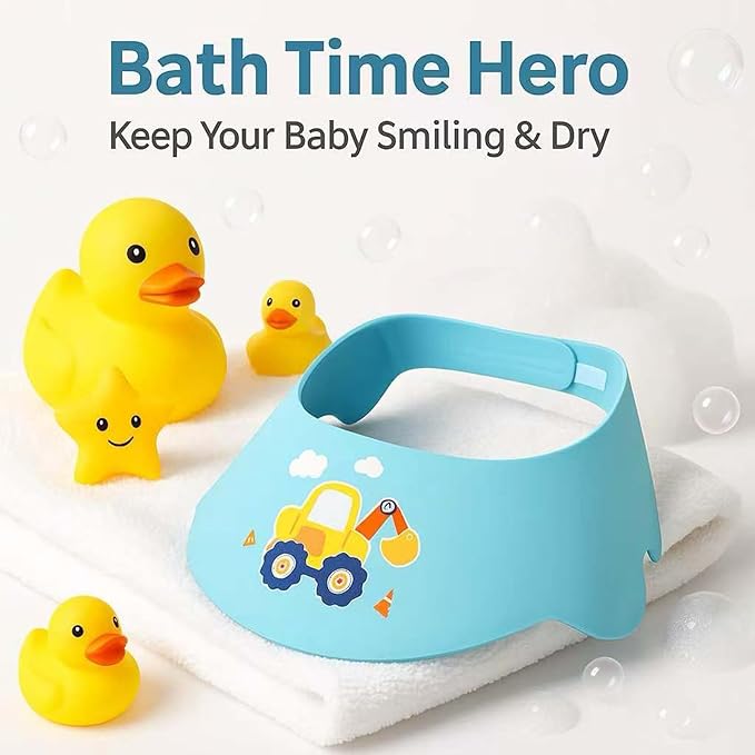 Baby Shower Cap Shield - Adjustable Waterproof Shower Visor for Kids, Soft Baby Hair Washing Shield with Ear Protection, Perfect for Toddlers & Children (Excavator)