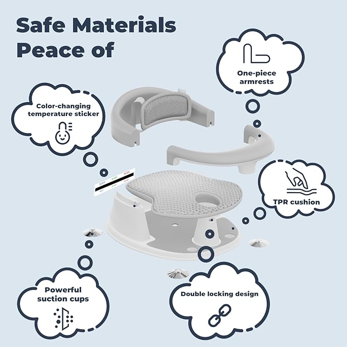 Baby Bath Seat-for Babies 6 Months & up with Temperature Alert+Soft Cushion+Suction, Toddler Bath Seat for Baby, Sitting Up with Baby Bathtub Seat, Grey