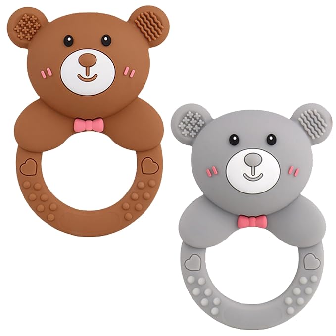 Baby Bear Teething Ring Rattle, Soft Silicone Teether Toy, Brown + Gray