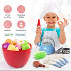 100Pcs Kitchen Playset, Kids Pretend Cooking Play Pots, Pans, Utensils, Cookware, Toy Food Fruits Veggies, with 2 Large Apple - Shaped Storage, Toddler Cooking Learning Gift (Blue