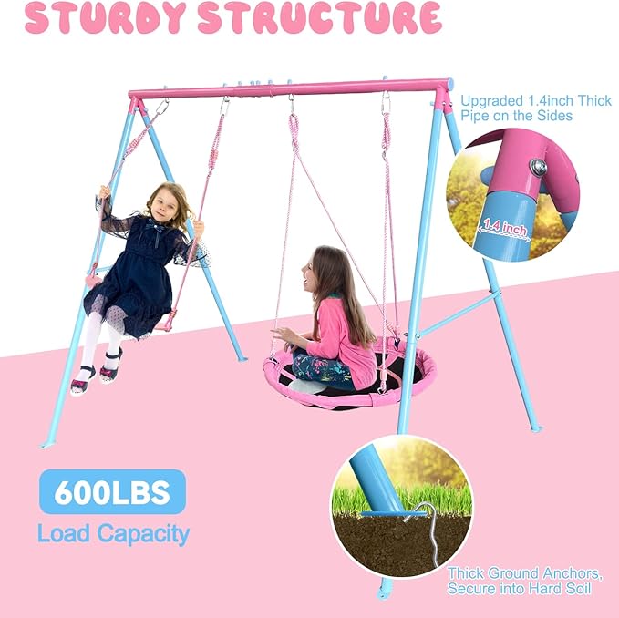 440lbs 2 Seat Kids Swing Sets for Backyard, 1 Saucer Tree Swing 32 inch, 1 Belt Swings, Heavy Duty Metal Swing Stand with Anchors(Pink+Blue)