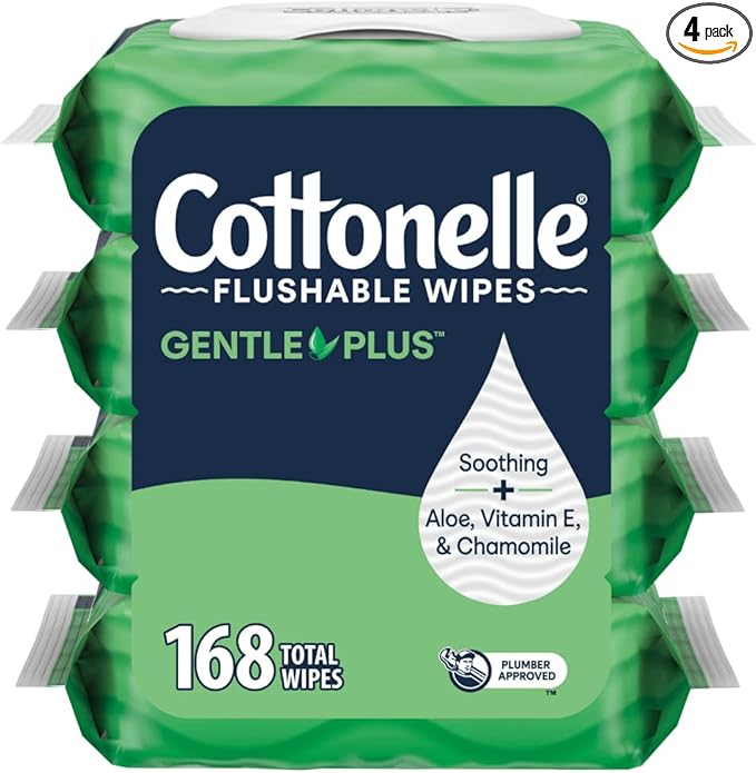 Cottonelle GentlePlus Flushable Wet Wipes with Aloe & Vitamin E, 4 Flip-Top Packs, 42 Wipes Per Pack (168 Total Wipes), Packaging May Vary