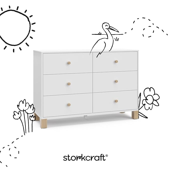 Storkcraft California 6-Drawer Double Dresser (White with Driftwood) - GREENGUARD Gold Certified, Interlocking Drawer System, Dresser Drawer Organizer for Kids Bedroom