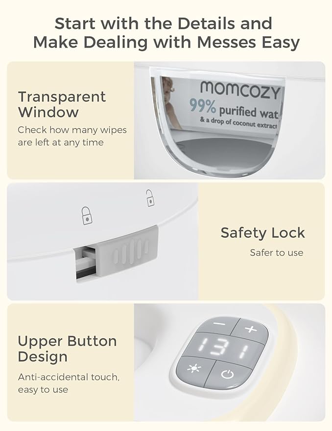 Momcozy Baby Wipe Warmer, Innovative Spring Design, Large Capacity Wipes Dispenser for 60-80pcs, Fast & Even Heating, 4 Modes of Temperature Heating Control, Diaper Wipe Warmer with Night Light, Grey