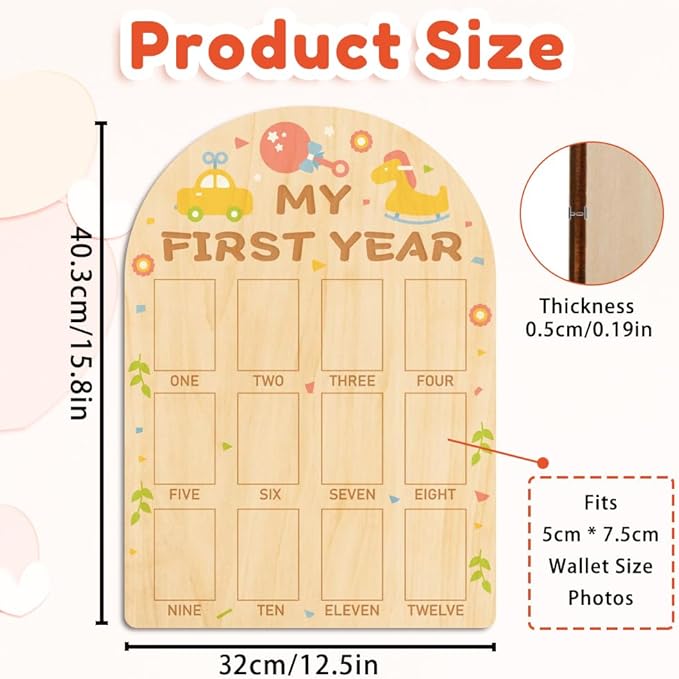 ORIGACH My First Year Baby Growth Photo Display Wood Board - 12 Months Newborn Milestones Photo Board - Neutral Baby Keepsake Frame 1st Birthday Party Nursery Decor New Mom Gift - Car & Rocking Horse