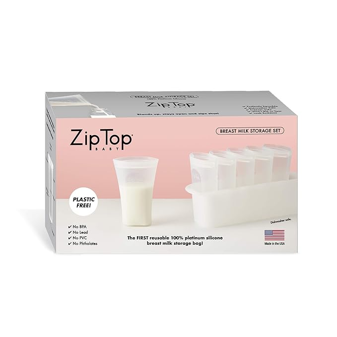 Zip Top Reusable 100% Platinum Silicone Breast Milk Storage, Made in the USA - Bag Set of 6 + Freezer Tray