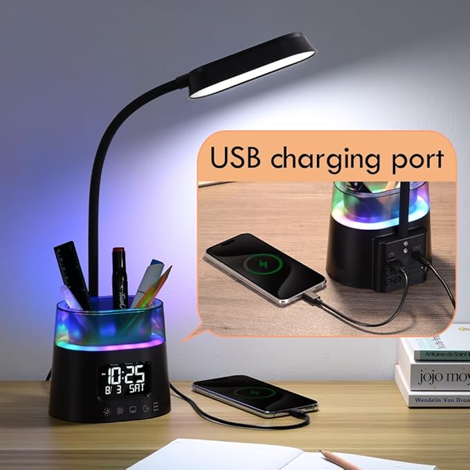 WILIT LED Kids Desk Lamp, Dimmable Study Lamp for Home Office Desk Accessories, with Pen Holder & Clock, USB Charging, RGB Night Light, Bedroom & College Dorm Room Essentials for Girls - Black