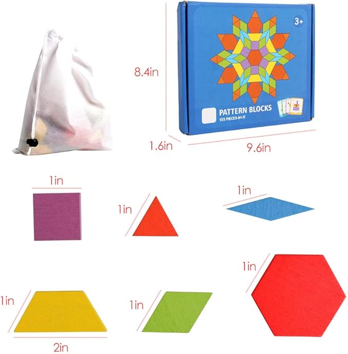 JCREN Wooden Pattern Blocks Montessori Toys Shape Puzzles Kindergarten Classic Educational Tangram Geometric Brain Teaser Toys Best STEM for Kids Ages 4-8 with 24 Pcs Design Cards