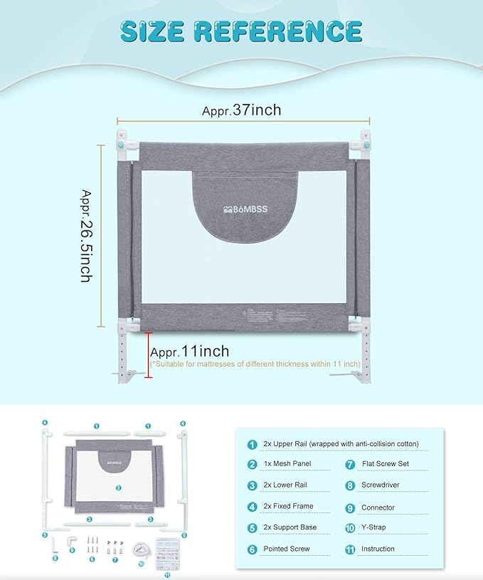 MBQMBSS 37" L x 26.5" H Bed Rail for Toddlers, Baby Bed Rails Guard for Kids Height Adjustable Sturdy Railing with Y-Strap Protective Bed - Fit for Side of Twin Full Queen, King Size (1 Side)