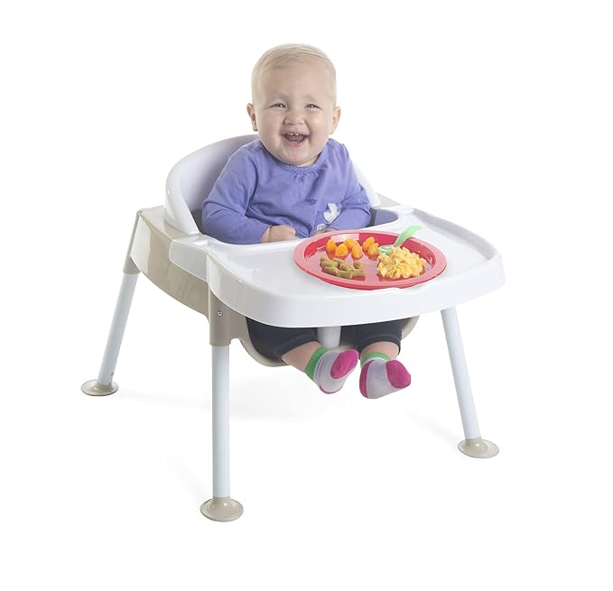 Foundations Secure Sitter 7" Feeding Chair, Stable “No Tip” Feet, 3-Point Adjustable Harness, Removable Tray, Easy to Clean, Smooth Plastic (White/Tan)