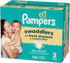 Pampers Swaddlers Diapers, Size 3 (13-26 lbs), 136 Count, Absorbent, Keeps Baby Dry and Comfortable, Skin Safe Disposable Baby Diaper (Packaging May Vary)