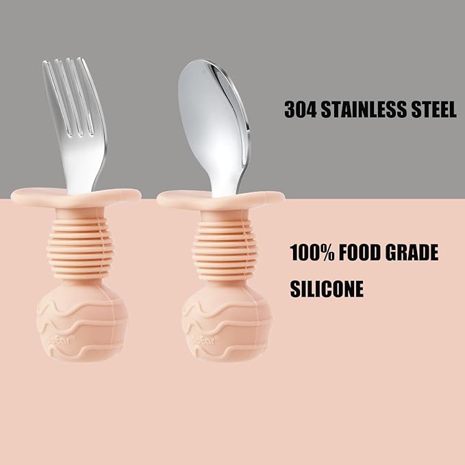 PandaEar 6 Pack Stainless Steel Toddler Spoons and Fork Feeding Set - Anti-Choke First Self Feeding Utensils for Kids Baby Boys Led Weaning Ages 18 Months+ (Blue/Grey/Peach)