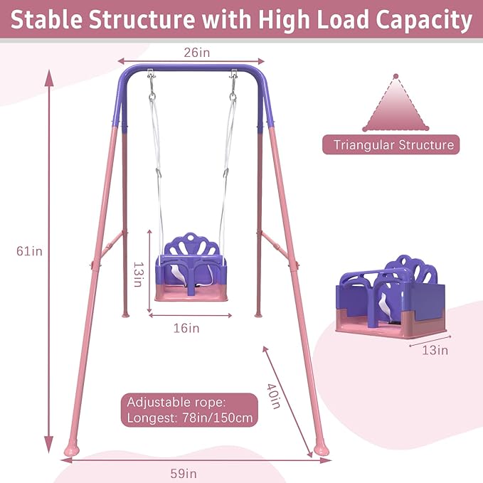 Foldable Toddler Swing Set, Indoor & Outdoor Baby Swing Set for Backyard, Safe and Durable Design, Grow with Your Child (Pink)