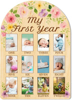 ORIGACH My First Year Baby Growth Photo Display Wood Board - 12 Months Newborn Milestones Photo Board - Neutral Baby Keepsake Board 1st Birthday Party Nursery Decor New Mom Gift - Flower
