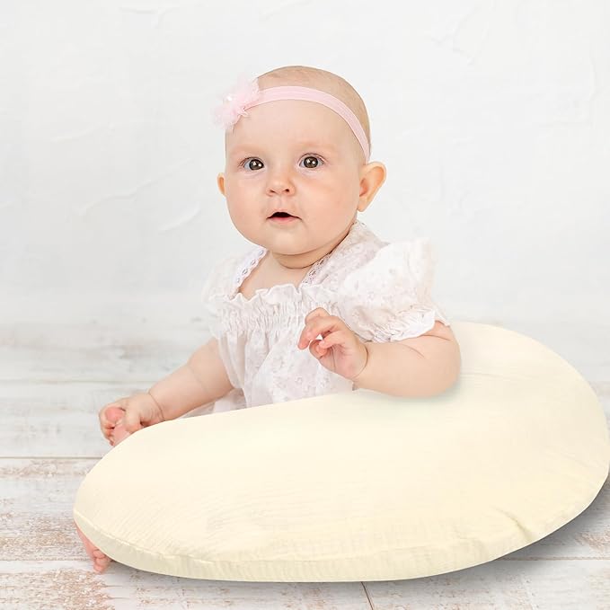 Hooyax Muslin Nursing Pillow Covers 2 Pack, Soft and Breathable Nursing Covers for Breastfeeding Pillows, Adorable Infant Feeding Pillow Slipcover for Baby Boy and Girls (Gray Creamy-White)