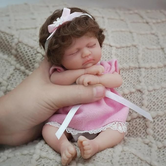 7 Inch Mini Silicone Baby Girl, Full Silicone Realistic Newborn Baby Doll, Long Eyelashes and Thick Hair with Feeding Accessories Gift Box