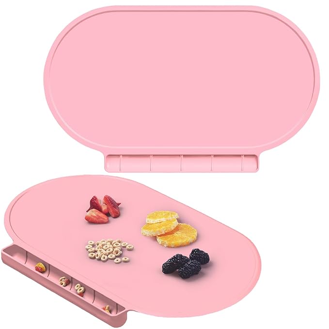 Silicone Placemat for Baby, Silicone Baby Toddlers Non-Slip Tablemats Stain Resistant Anti-Skid Reusable Dishwasher Safe Table Mats, Portable Food Mat Travel (2Pack, Pink)