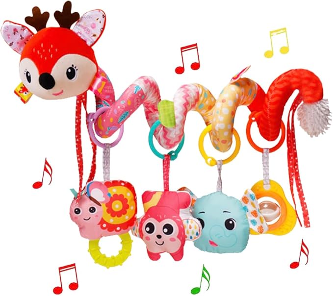Stroller Toys, Car Seat Toys for Babies 0-6 Months Infants Activity Spiral Hanging Crib Toy Gift for Baby Boys and Girls 0 3 6 12 Months Newborn Sensory Toy with Rattles Squeaker Music- Red
