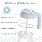 Papablic Glass Breastmilk Pitcher, Formula Mixing Pitcher with Mixing Handle Lid, Wide Mouth Mason Jar Mixer with Flip Locking Spout, Easy to Clean, BPA Free, Blue