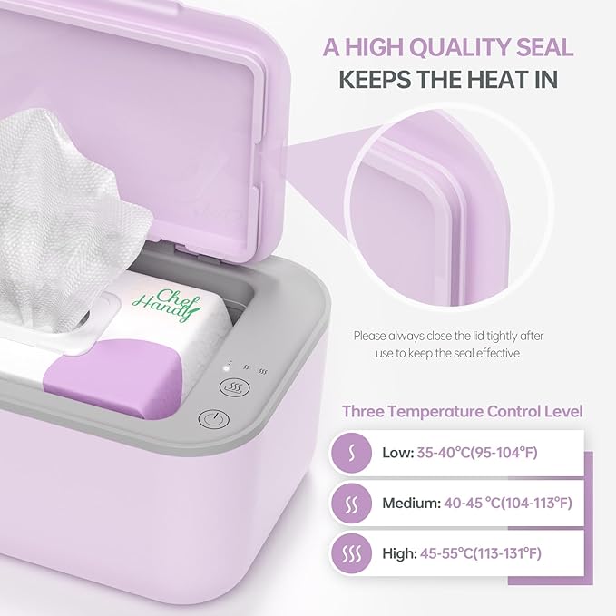 Chefhandy Wipe Warmer with Adjustable Temperature, Silent Heating & Large Capacity | Constant Warmth for Baby or Adult Wipes, Purple
