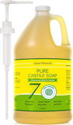 Seven Minerals EWG Verified Castile Soap - 1 Gallon, No Palm Oil, Unscented Mild & Gentle Skin Cleaning, For Sensitive Skin, Baby Wash, Soothing, Non GMO & Vegan Formula with Organic Carrier Oils