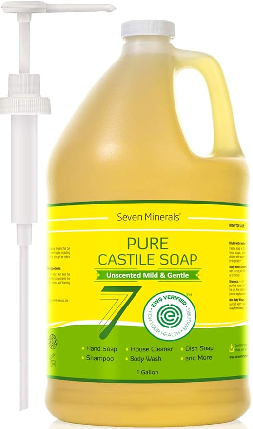 Seven Minerals EWG Verified Castile Soap - 1 Gallon, No Palm Oil, Unscented Mild & Gentle Skin Cleaning, For Sensitive Skin, Baby Wash, Soothing, Non GMO & Vegan Formula with Organic Carrier Oils