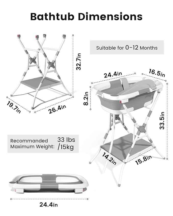 Baby Bathtub with Stand, 2-in-1 Collapsible Bath Tubs for Newborn to Toddler, Infant Bathtub with Folding Stand, Portable Bathtub for Baby Including Soft Cushion, Storage Pad