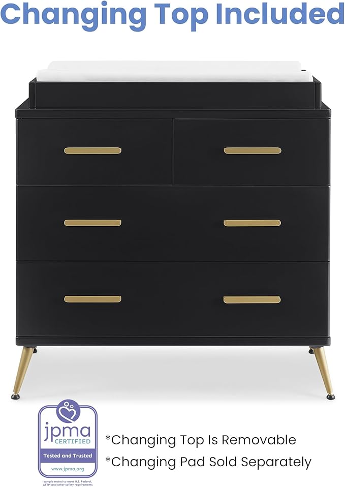 Delta Children Sloane 4 Drawer Dresser with Changing Top and Interlocking Drawers, Black/Bronze