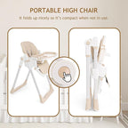 3 in 1 Baby High Chair with Wheels, Adjustable 5 Point Harness, Tray, Foot Rest, Backrest and Seat Height, Foldable High Chair for Toddlers, Beige