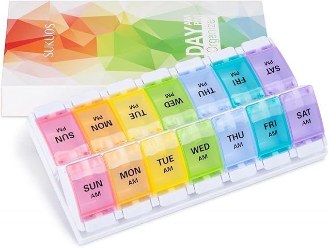 Sukuos AM PM Weekly Pill Organizer 2 Times A Day, Large Daily Pill Box Case 7 Day with Easy Push Button Design, Detachable Medicine Holder for Vitamin/Fish Oil/Supplements (Rainbow)