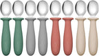 DRKIO 8 PCS Toddler Spoons Set - Baby Spoons with Silicone Handle Children safe 18/8 Stainless Steel Toddler Utensils Set for Self Feeding Kids Silverware Anti-Choke Design Food Grade Dishwasher Safe