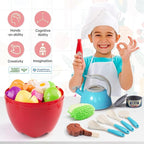 100Pcs Kitchen Playset, Kids Pretend Cooking Play Pots, Pans, Utensils, Cookware, Toy Food Fruits Veggies, with 2 Large Apple - Shaped Storage, Toddler Cooking Learning Gift (Turquoise)