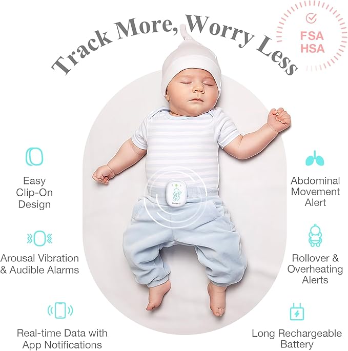 Sense-U Pro Baby Breathing Monitor with Arousal Vibration, Movement/Rollover/Overheating Alerts, Audible & App Notifications, Easy Clip-On Design, Smart Sleep Monitor
