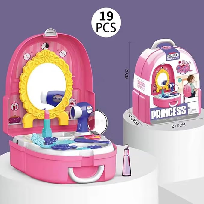 19-Piece Kids Pretend Makeup Playset – Princess Backpack Dress Up Toys for Girls, Portable Role Play Beauty Kit for Imaginative Play (Princess)