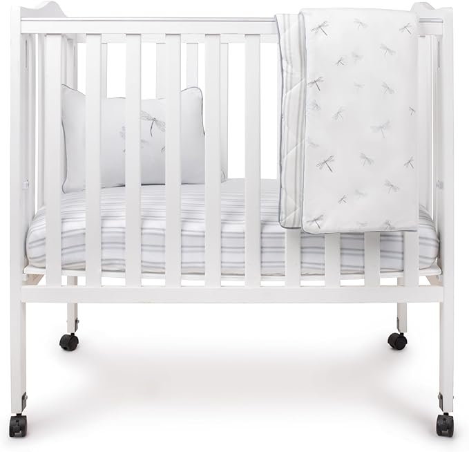 Ely's & Co. Mini Crib Bedding Set for Boys, 4 Piece Set - 1 Fitted Mini Crib Sheet, Quilted Comforter and Decorative Pillow, Blue Dragonfly + Stripe Collection