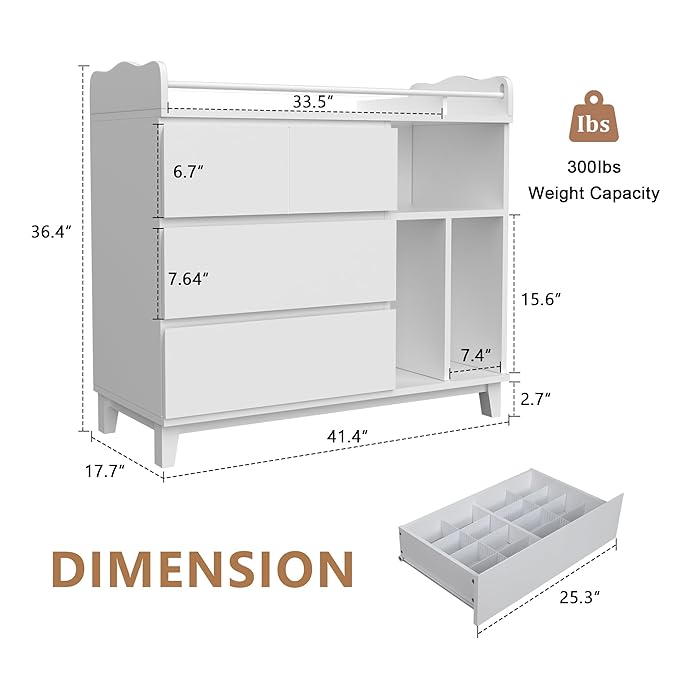 Baby Changing Table Top, Multi-Functional Nursery Changing Table, 4 Drawers with 2 Open Shelves, Bedroom, White