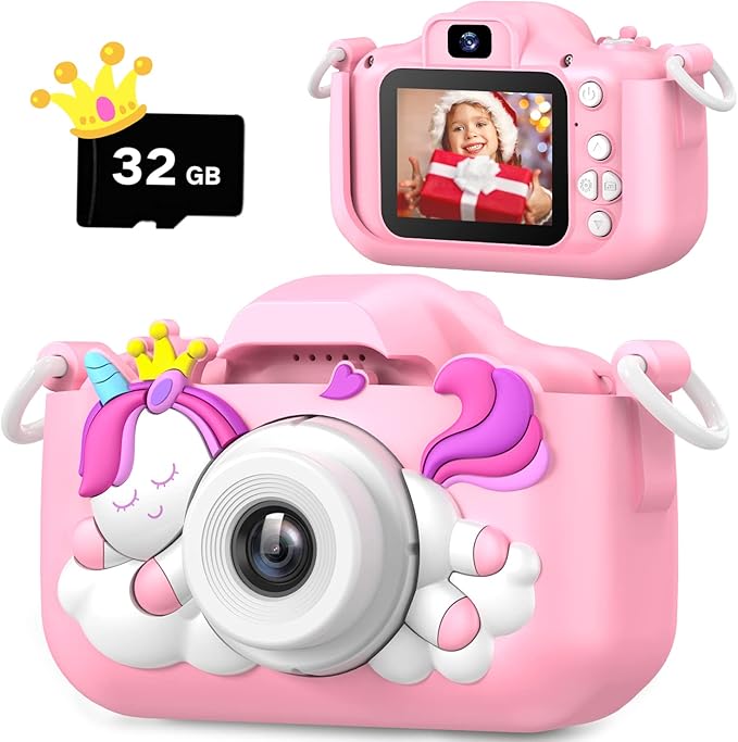 Upgrade Unicorn Kids Camera, Christmas Birthday Gifts for Girls Boys Age 3-12, 1080P HD Selfie Digital Video Camera for Toddlers, Cute Portable Little Girls Boys Gifts Toys for 3 4 5 6 7 8 9 Years Old