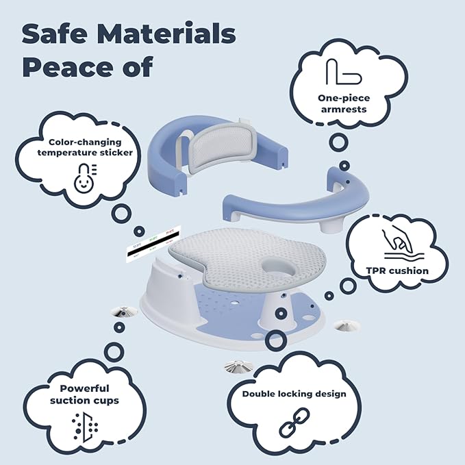 Baby Bath Seat-for Babies 6 Months & up with Temperature Alert+Soft Cushion+Suction,Toddler Bath Seat for Baby, Sitting Up with Baby Bathtub Seat, Blue